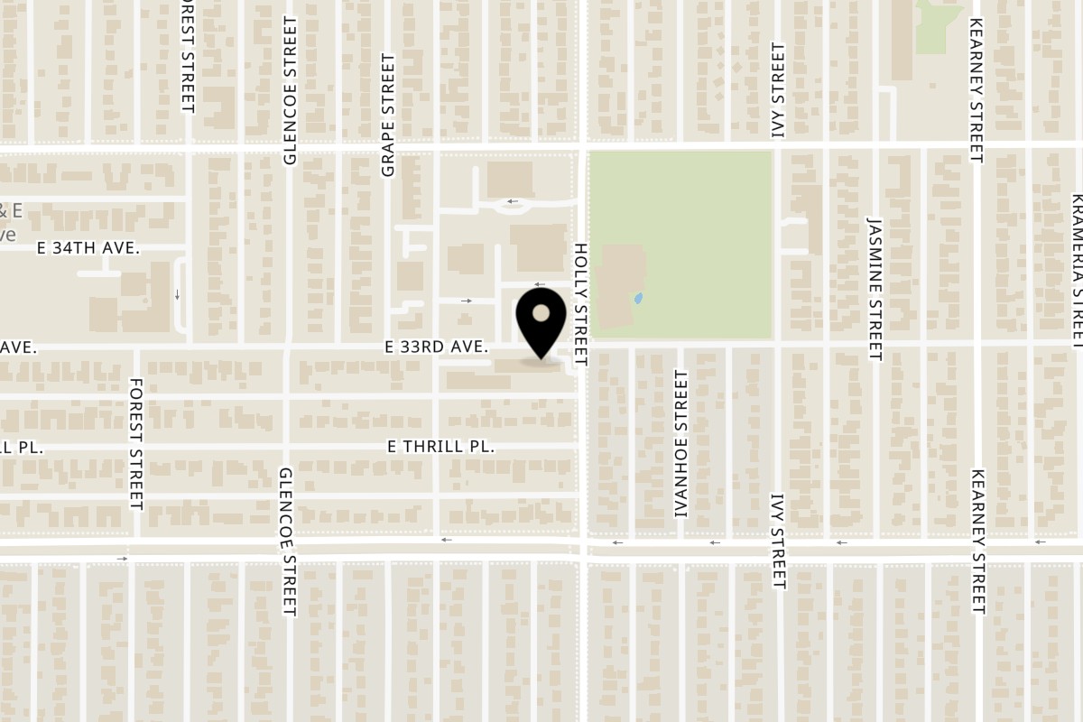 Map showing the location of The Blazing Chicken Shack II on 5560 E 33rd Ave in Denver